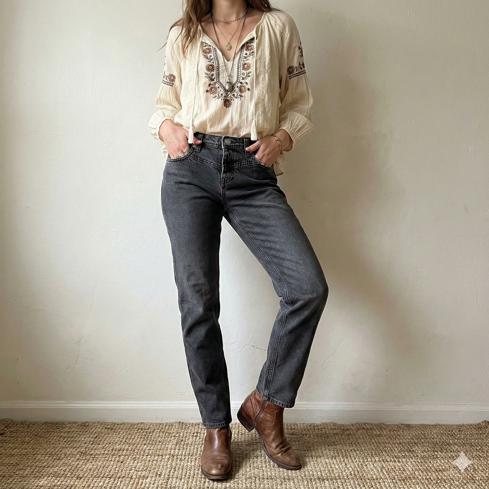 Free People We The Free Shelby Low-Rise Boyfriend Jeans Women 24 Black Wash Boho